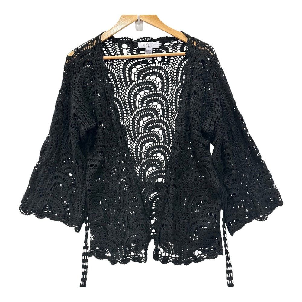 Nine & Co by Nine West Women's M Black Crochet Tie Front Cardigan Boho Bell Slv